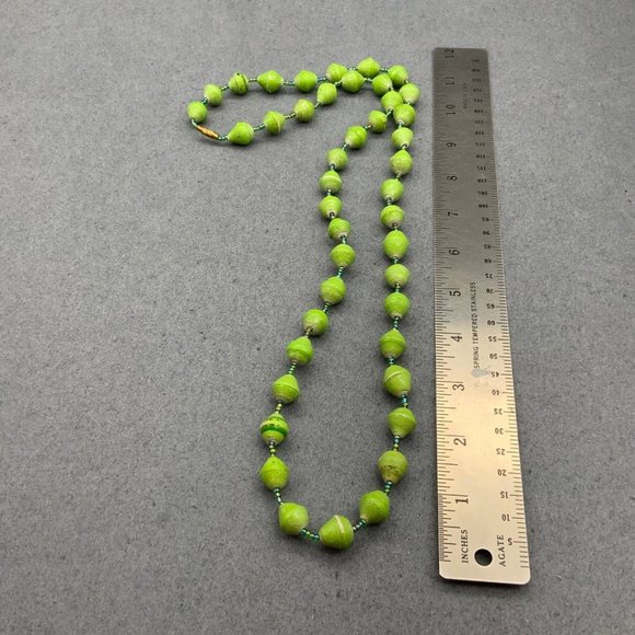 Green Rolled Paper Necklace Blue Iridescent Seed Bead - Picture 6 of 7